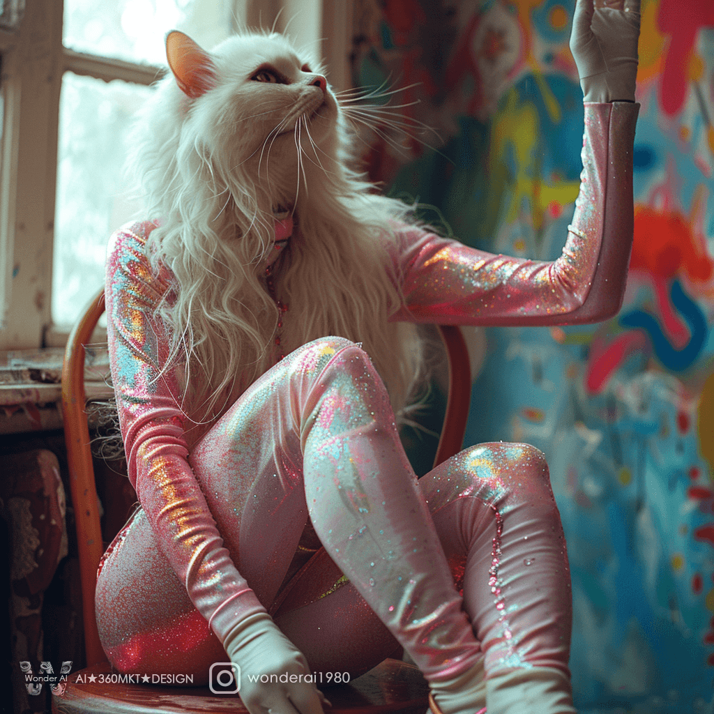 AI generated: full body photograph of an extremely beautiful and glamorous albino cat with long white fur, wearing...