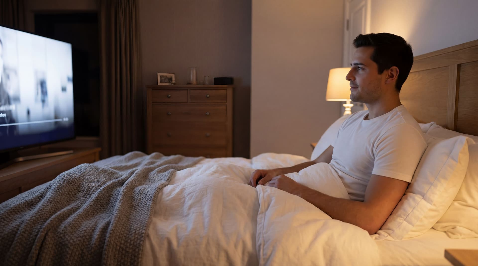 AI generated: At a nice large bedroom at night, the Hispanic guy has a mellow expression on his face. He is sit up...