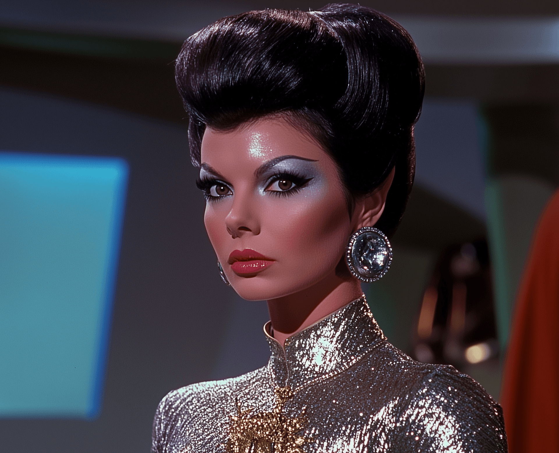 AI generated: Screencap from the Star Trek original series, a woman with metallic silver makeup wearing an elabora...