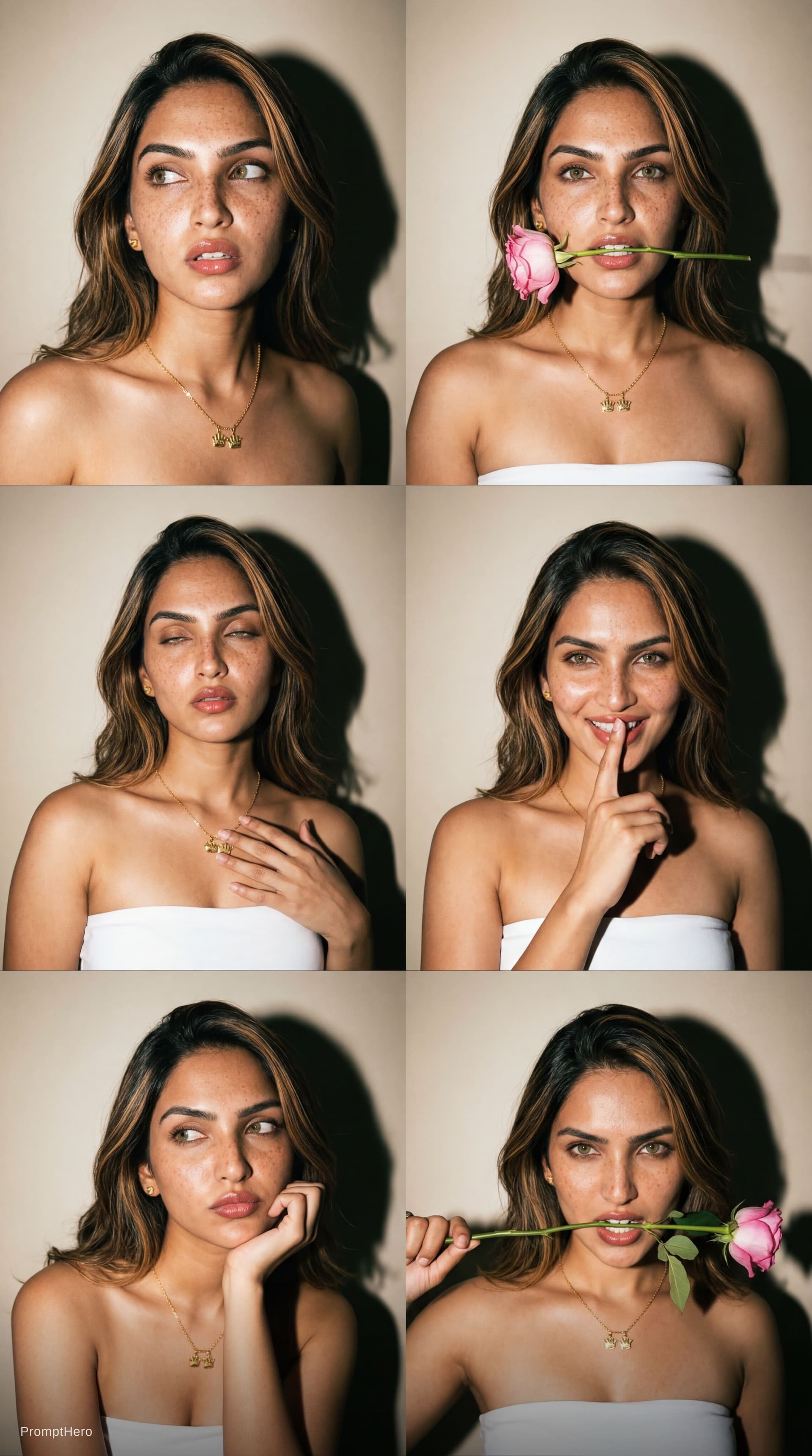 AI generated: Lighting:
Strong direct on-camera flash creating hard shadows cast behind her onto a beige wall back...