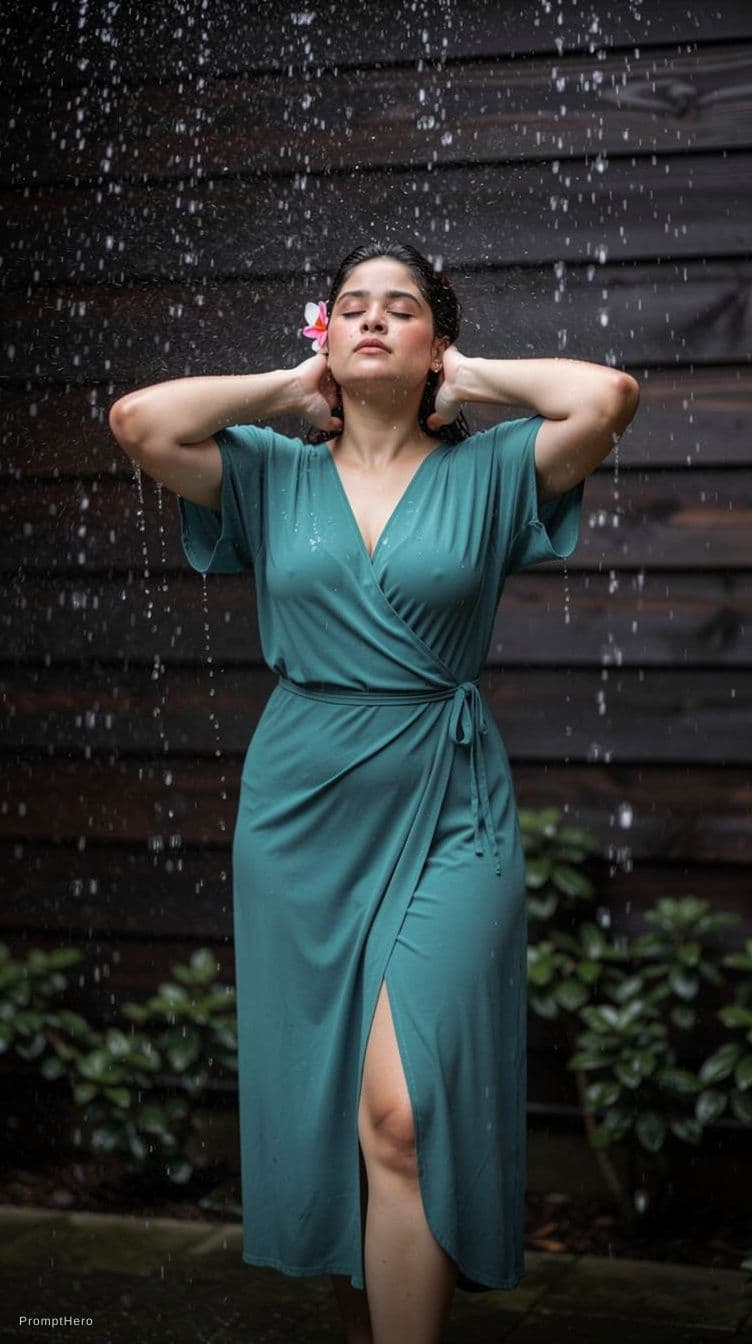 AI generated: Ultra-realistic cinematic photo of a beautiful young woman standing under splashing water outdoors, ...