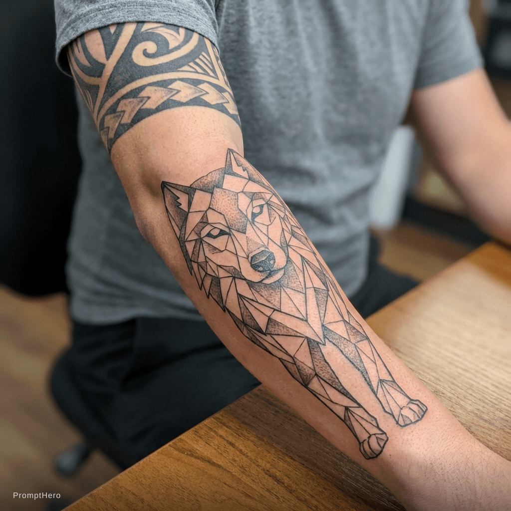 AI generated: geometric wolf sleeve connecting to my existing tribal tattoo