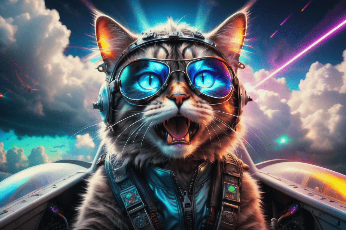 AI generated: angry cat aviator flying in turbo jet army airplane, clouds, luminescente, electric arc, net, crysta...