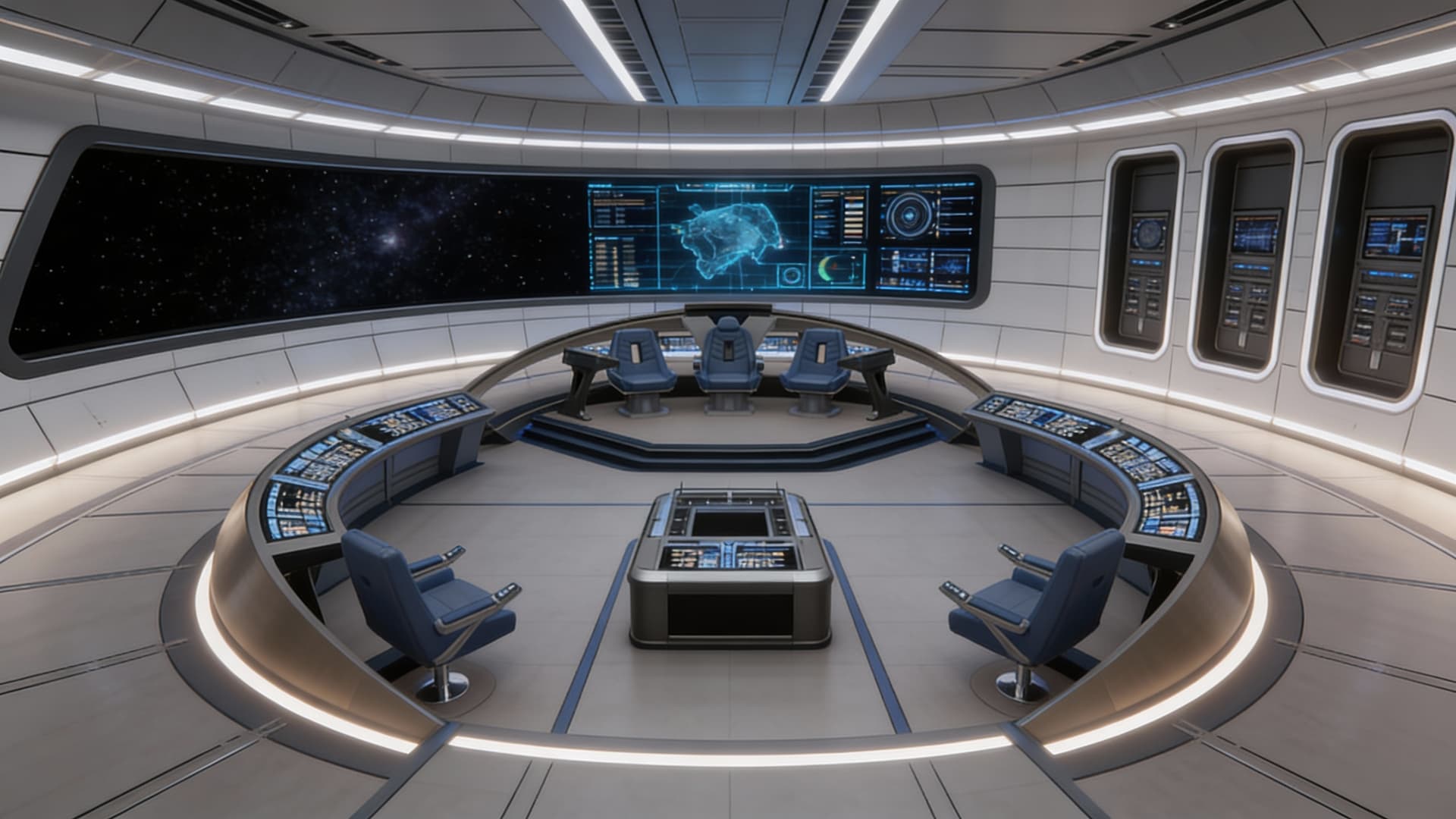 AI generated: Use the Reference Images to imagine, in detail, a Spacecraft 'C-shaped' Bridge design. Show Change i...