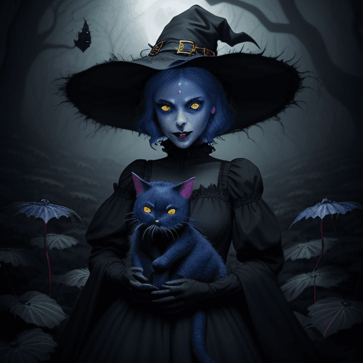 AI generated: 
A cute witch holding blue glowing eyes holding a monsterous, carnivore plant with sharp teeth and o...