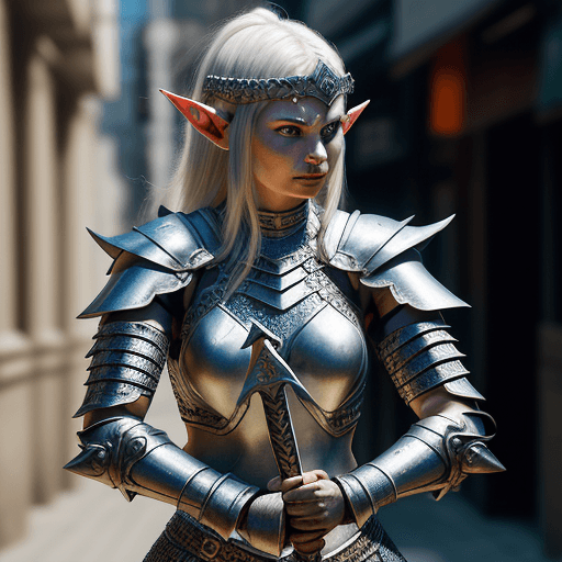 AI generated: Elf, warrior woman in chainmail armour weilding a flaming sword. She is a fierce warrior on the batt...