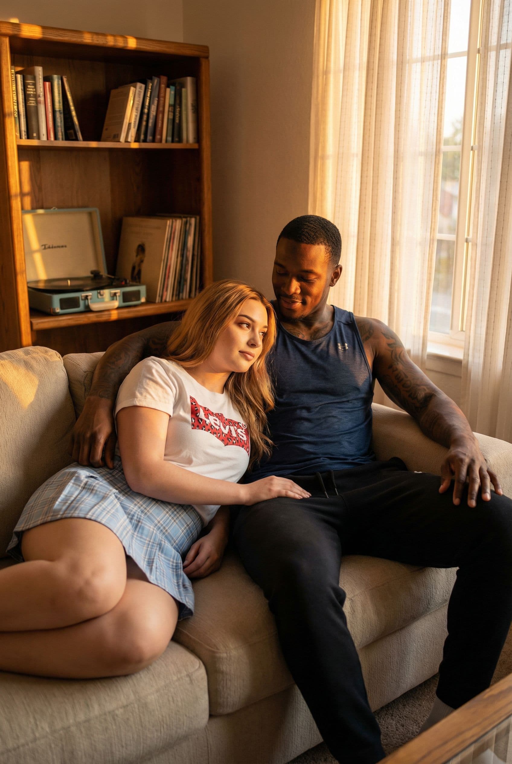 AI generated: A cozy emotional living room scene in the evening light. A chestnut-blonde woman with light brown ey...