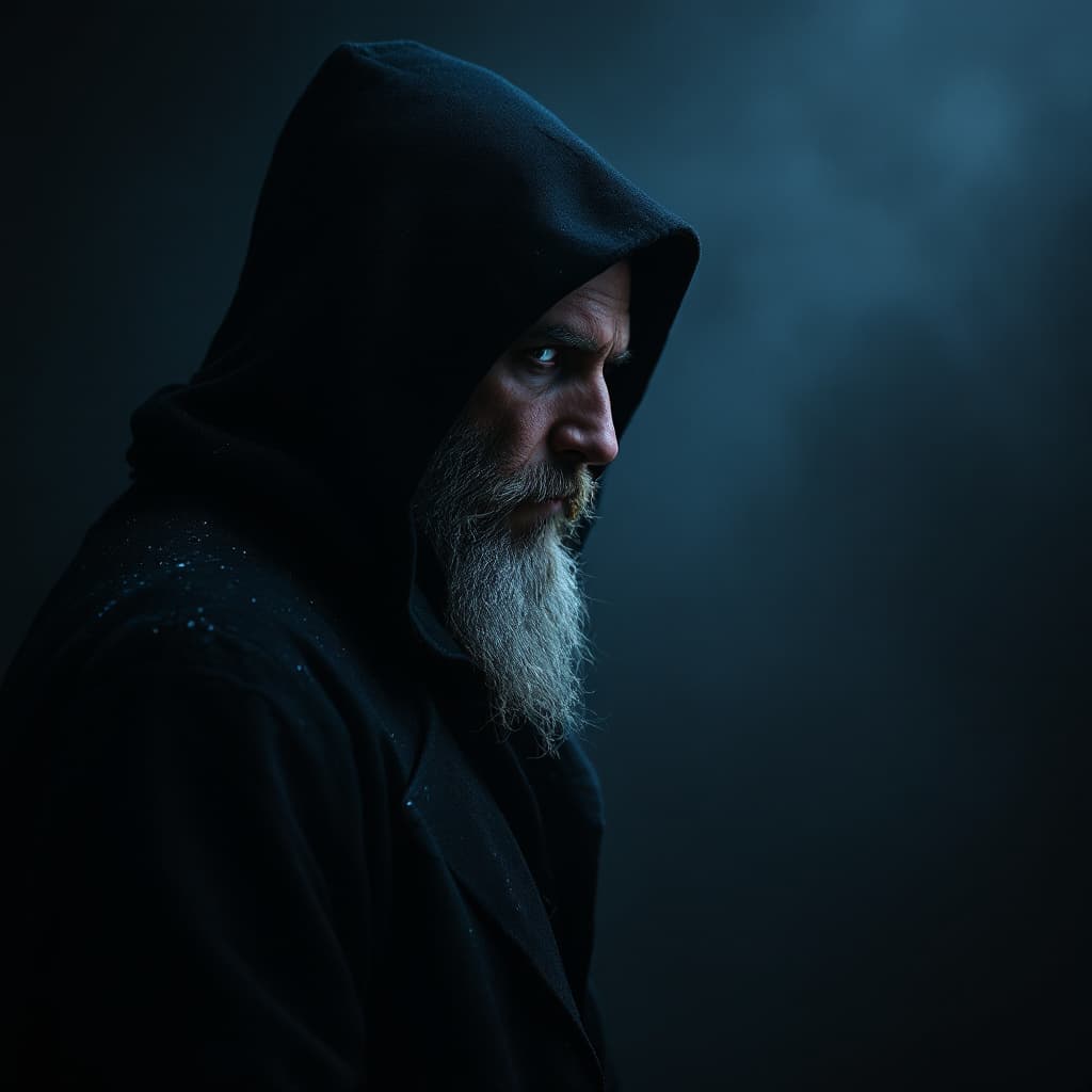 AI generated: mysterious magician looking ahead in dark coat with hood in dark conditions and his face is a little...