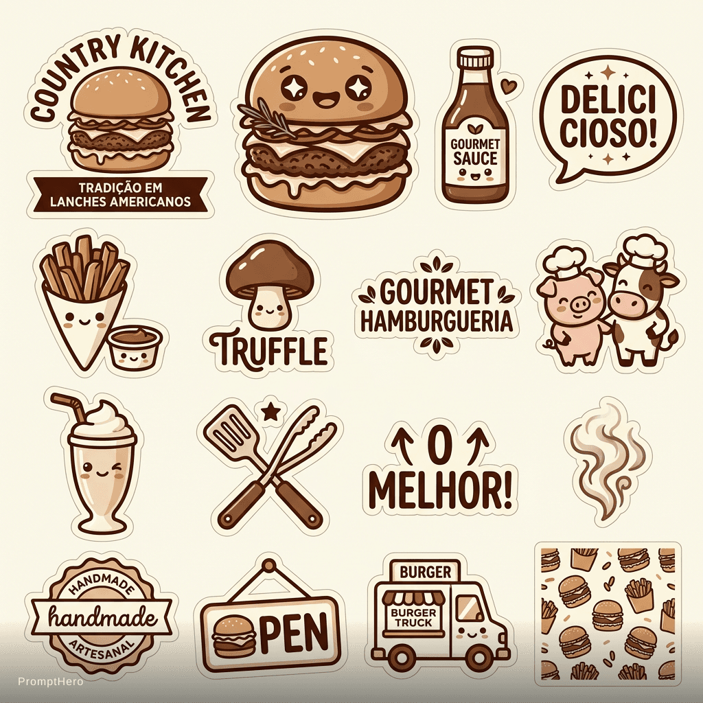 AI generated: adesivos para marca de hamburgueria goumert, cores marrom e creme, hambuguers moderno.
