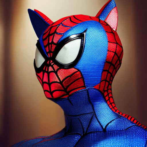 AI generated: cat head anthropomorphic humanoid body, marvel movie poster, spiderman character, blue spiderman sui...