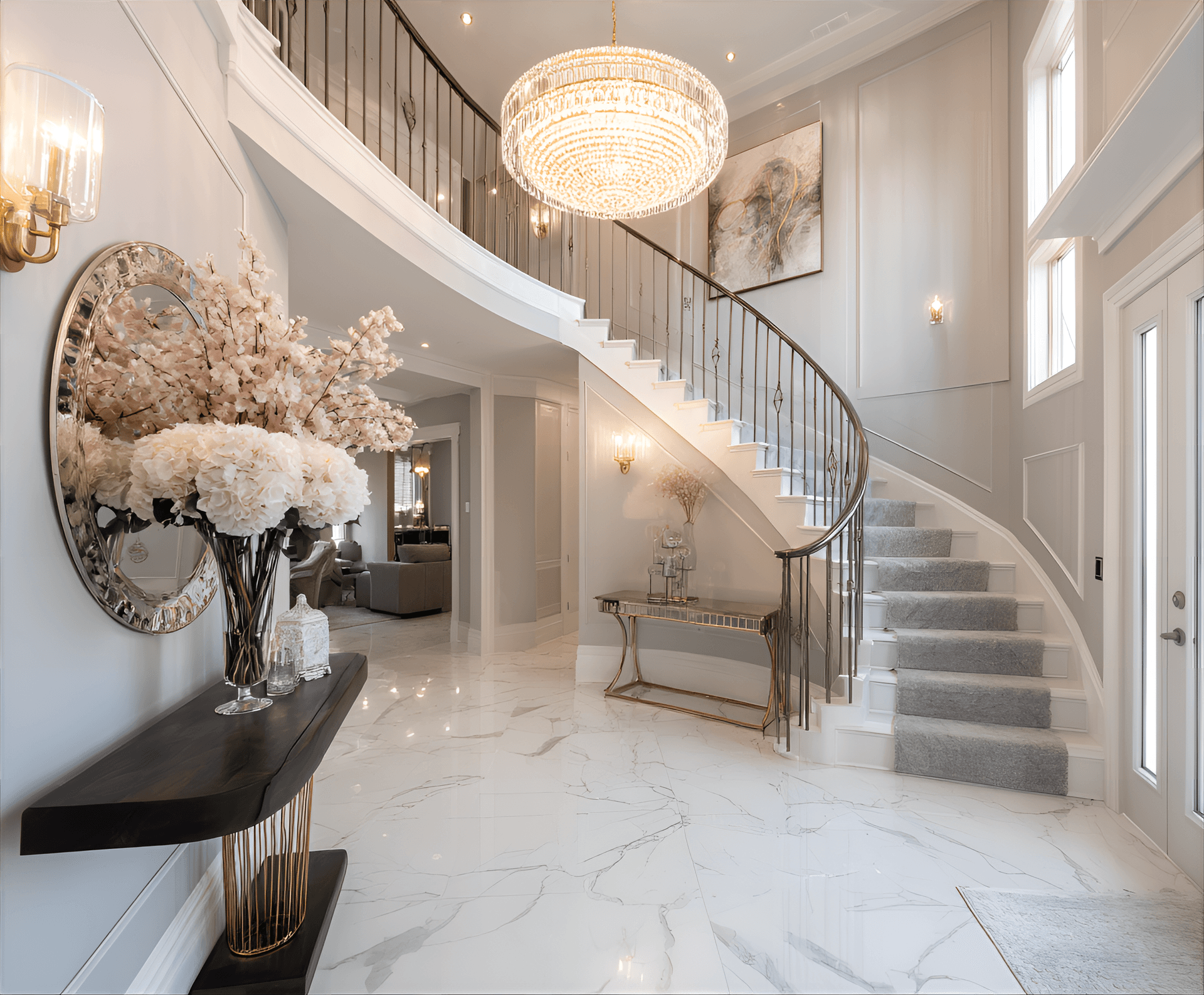 AI generated: photography, a modern foyer featuring a statement chandelier, an elegant staircase, and a console ta...