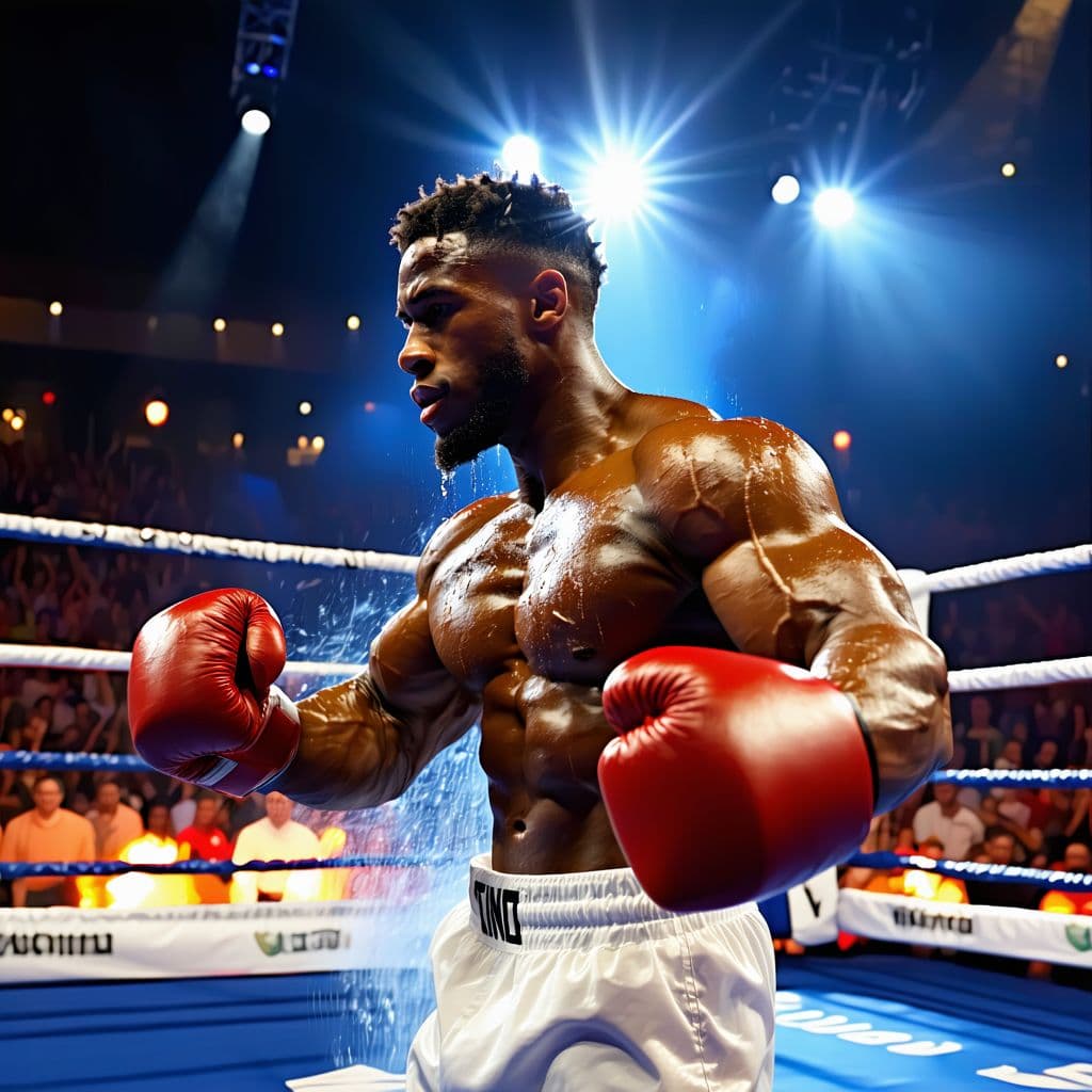 AI generated: A muscular boxer in the ring flexes his chiseled biceps, sweat glistening under intense spotlight. T...