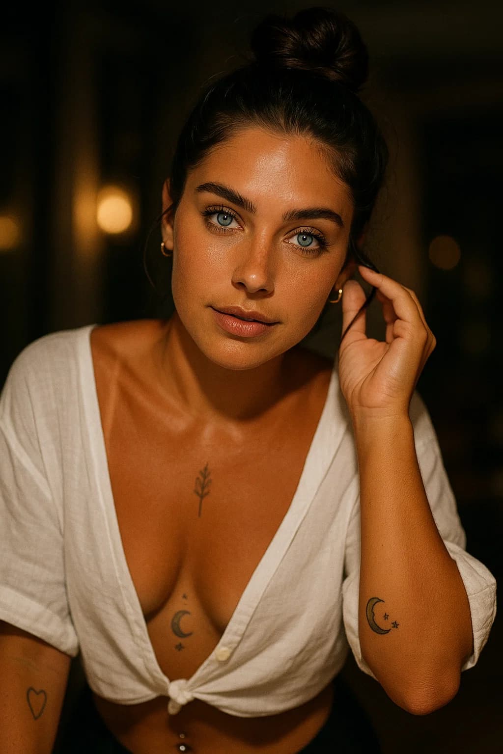 AI generated: Date night with a beautiful instagram influencer. She has electric blue eyes, dark hair, very natura...