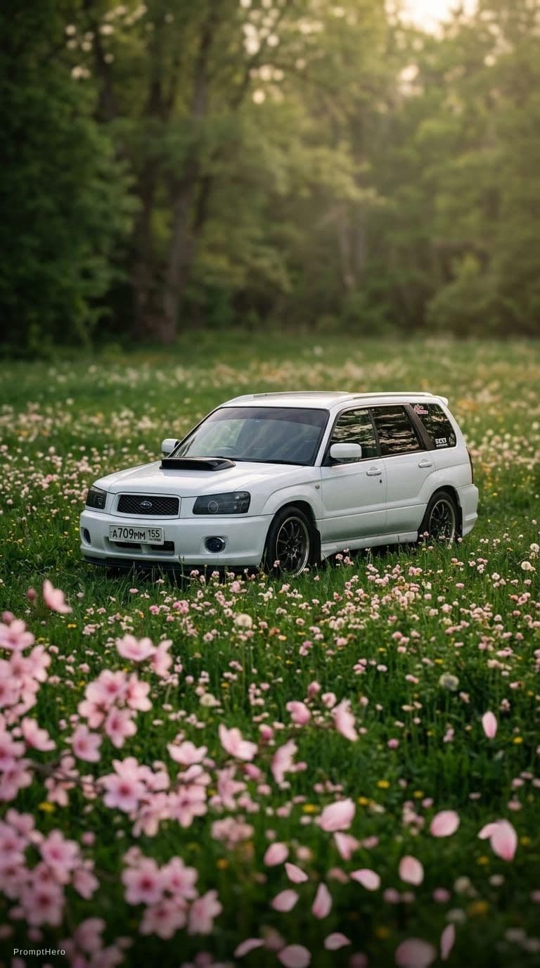 AI generated: a picture of a Subaru Forester forest green background with a flower field and sakura petals in the ...