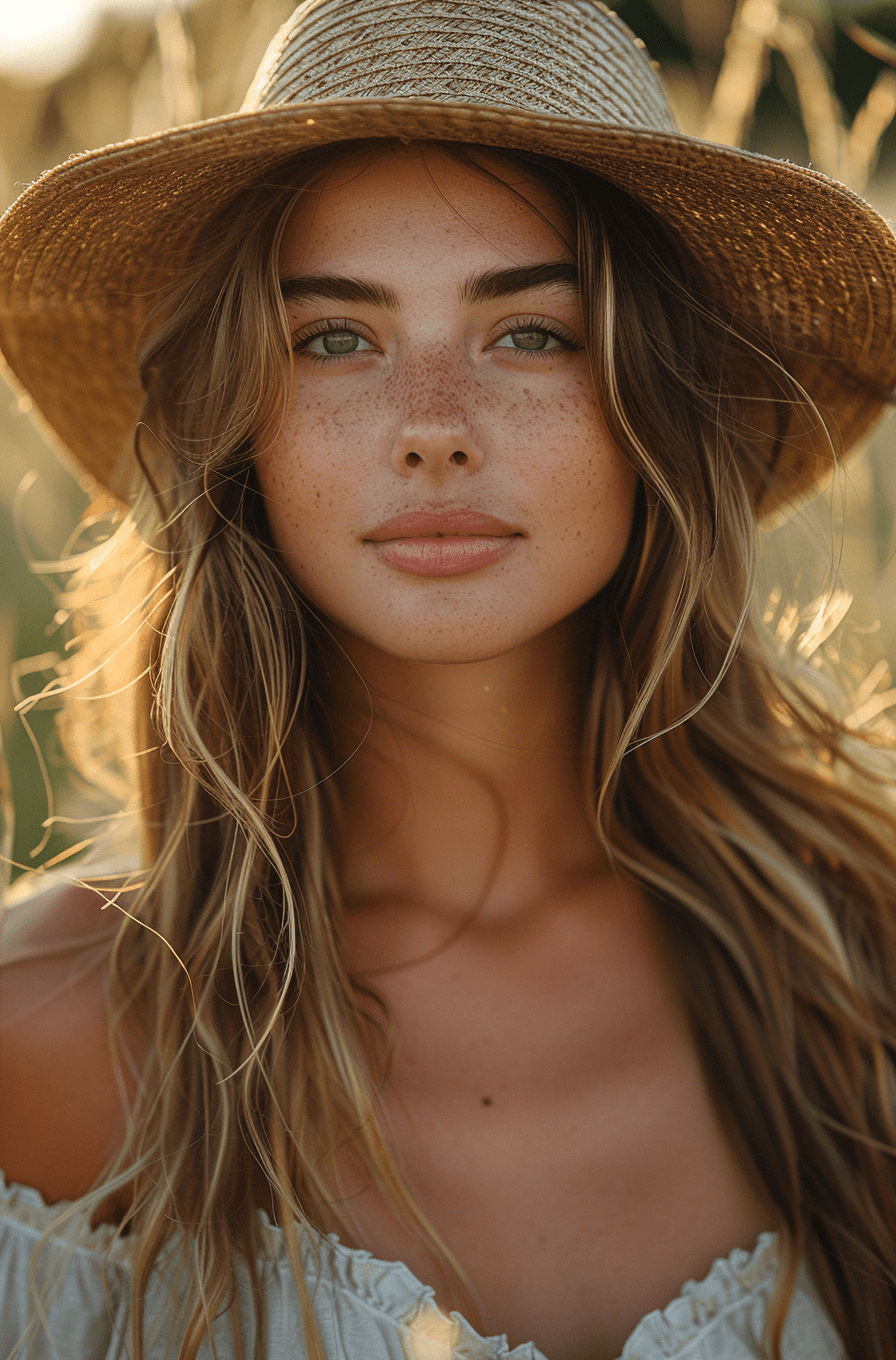 AI generated: portrait of a beautiful woman with long hair wearing a hat in the field, golden hour, sun rays, soft...