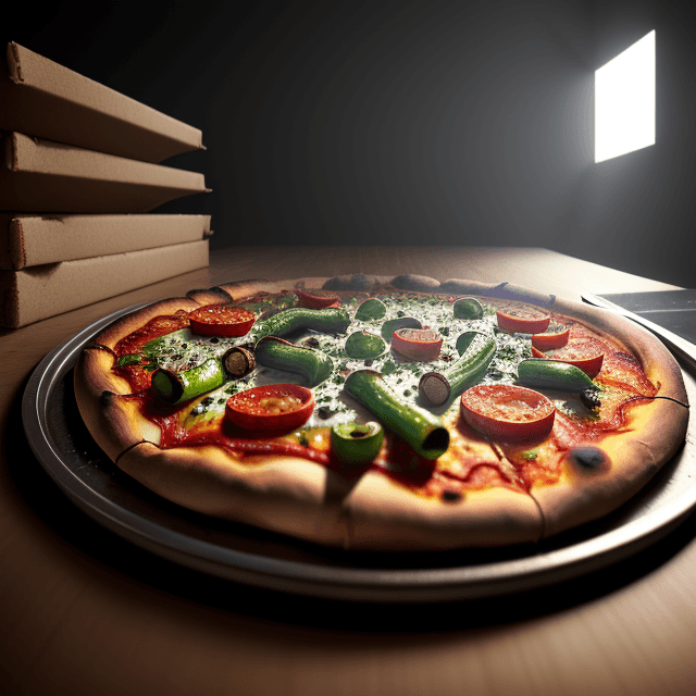 AI generated: epic realistic, roast pizza with green pepper, food art, realistic render, dramatic lighting masterp...