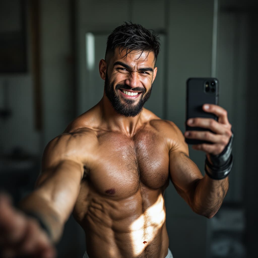 AI generated: MMA fighter. Erko Jun resemblance. Cheeky smile. Rising one eyebrow. Taking Selfie. White briefs. Ha...