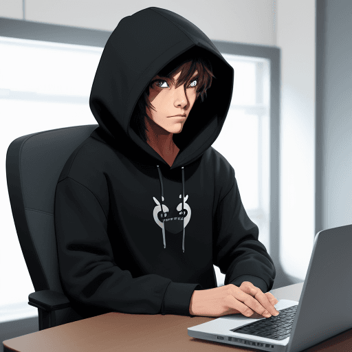 AI generated: Create character with hoodie , sitting on chair at desk in a dimly lit room, looking at pc screen, s...