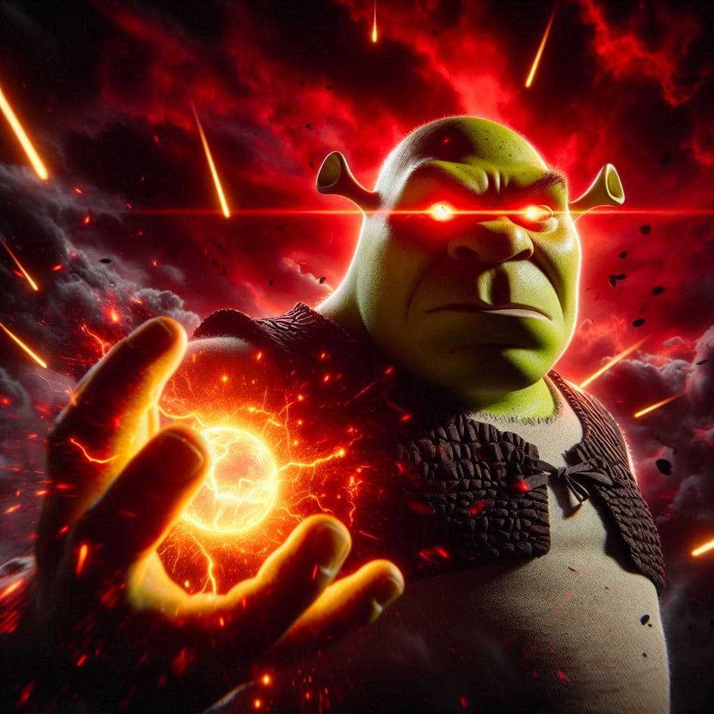 AI generated: vista de ángulo despaldas de figura oscura de Shrek heroico con determinación contrastado sobre fond...