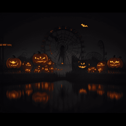 AI generated: Six Flags Theme Park Halloween Night, dark and foggy, halloween colors, Highly detailed, Unreal Engi...