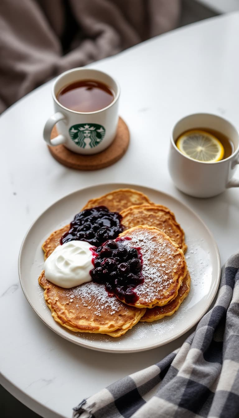 AI generated: A cozy breakfast setup on a white table, perfectly matching the moody, overcast morning. The scene f...