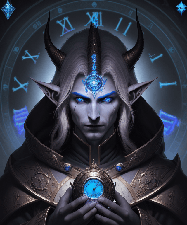 AI generated: a close up of a person with a clock, litrpg novel cover, dark elf, discord mod, vampire lord, portra...