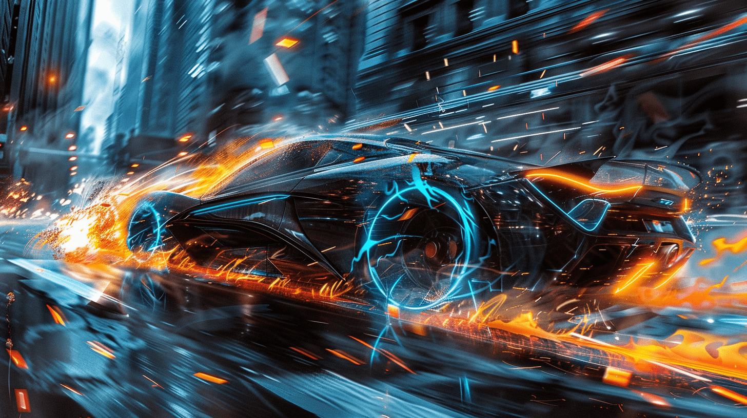 AI generated: A captivating digital art piece depicting a futuristic sports car speeding down an urban street, lea...