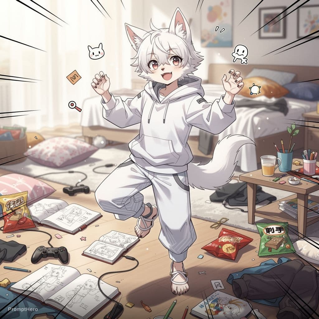AI generated: A diaperfur wearing amessy and wet diaper white wolf non photorealistic rendering anime just a diape...