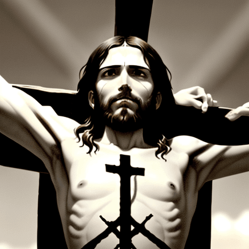 AI generated: Jesus Christ crucified on the cross from the perspective of someone below him. He is looking down at...