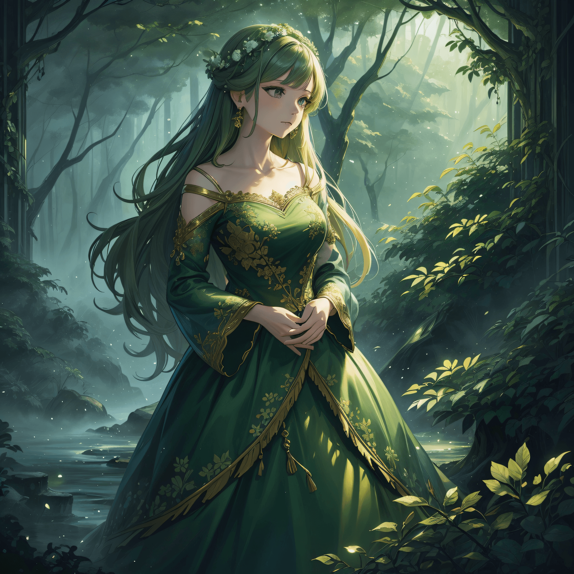 AI generated: an intricate painting of a woman in a green dress looking over her shoulder, forest, trees, flowers,...
