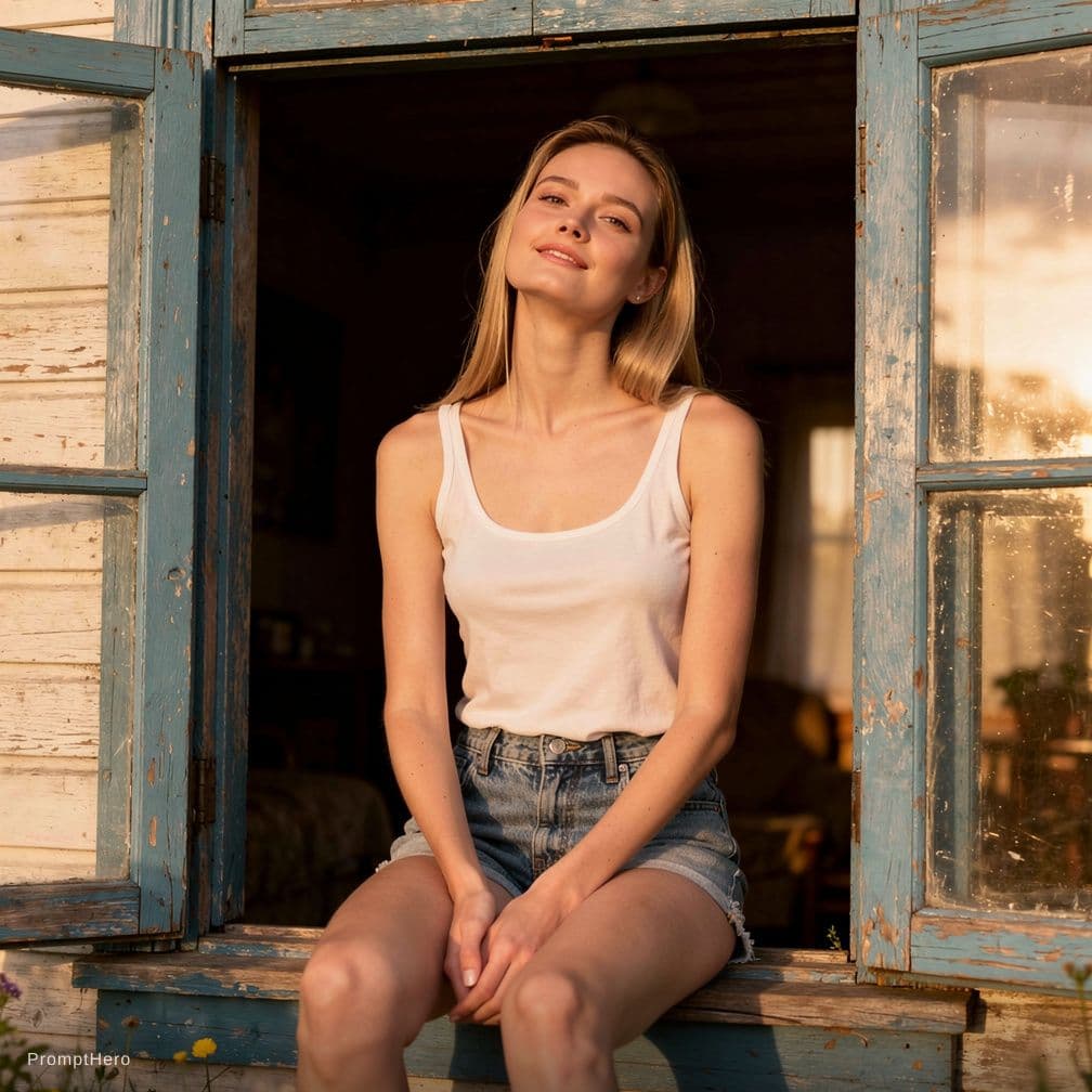 AI generated: young, tall, slim, Woman sitting in rustic blue window frame, white tank top, denim shorts, head til...