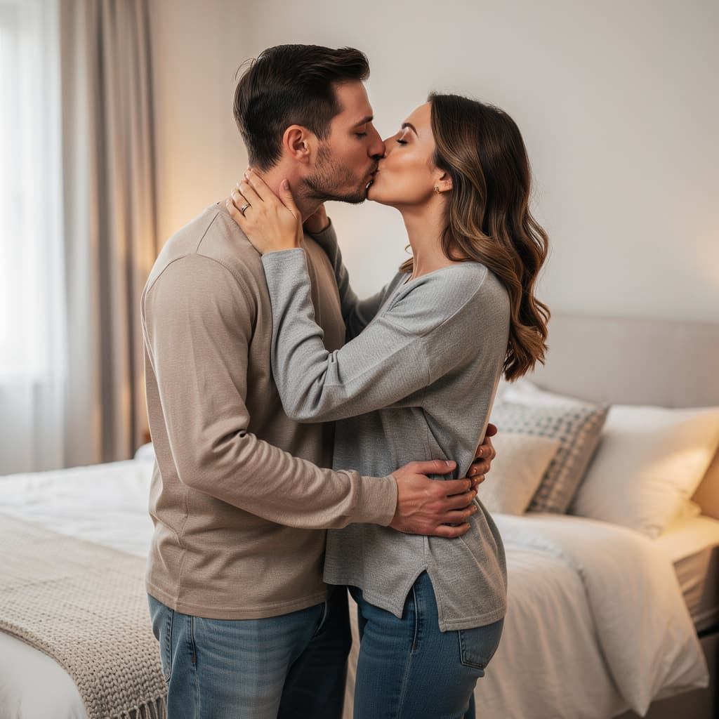 AI generated: French kiss zoom buka baju istri bugil pasangan suami istri muka badan asli natural 