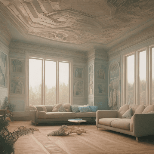 AI generated: High resolution photography interior design, dreamy sunken living room conversation pit, wooden floo...