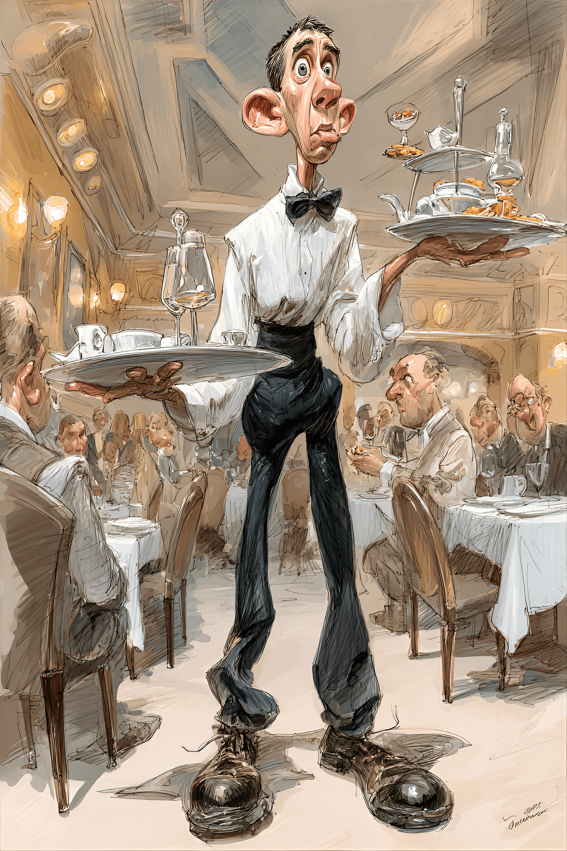 AI generated: funny caricature, clumsy waiter, chinese ethnicity, 25 years old, nervous, eager-to-please, accident...
