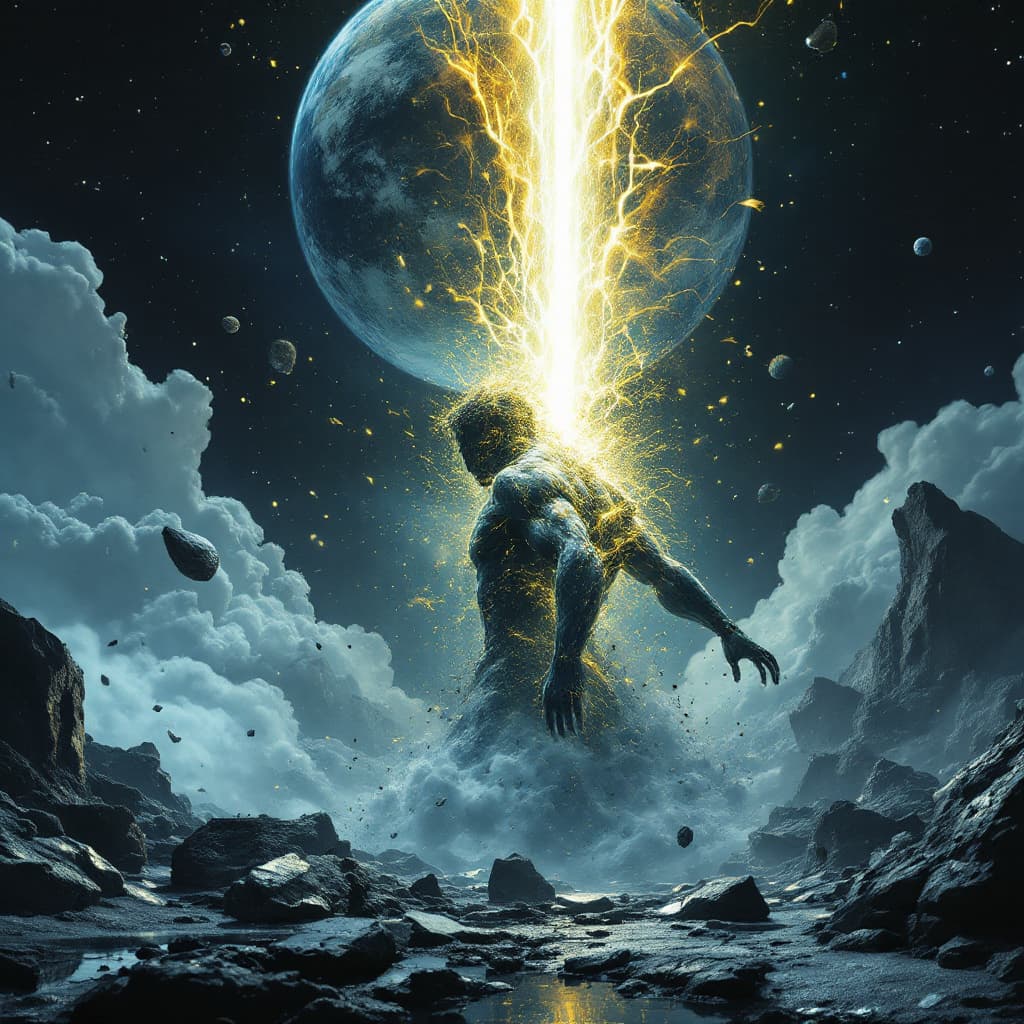 AI generated: Darkwave, synthwave,  epic music album cover. It portrays a close up of a floating very muscular per...