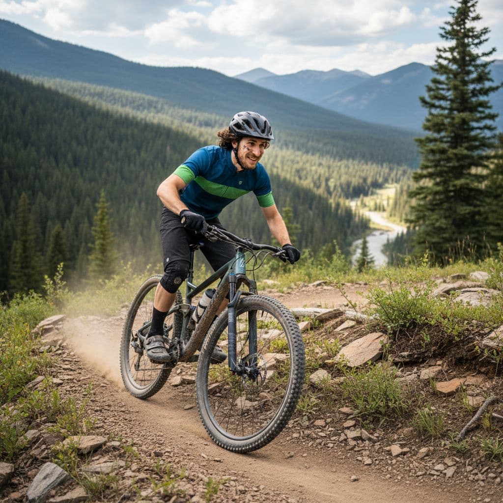 AI generated: man in the  uploaded photo, hyperrealistic. cycling a bike in the wild, mountain-bike, wear full cyc...