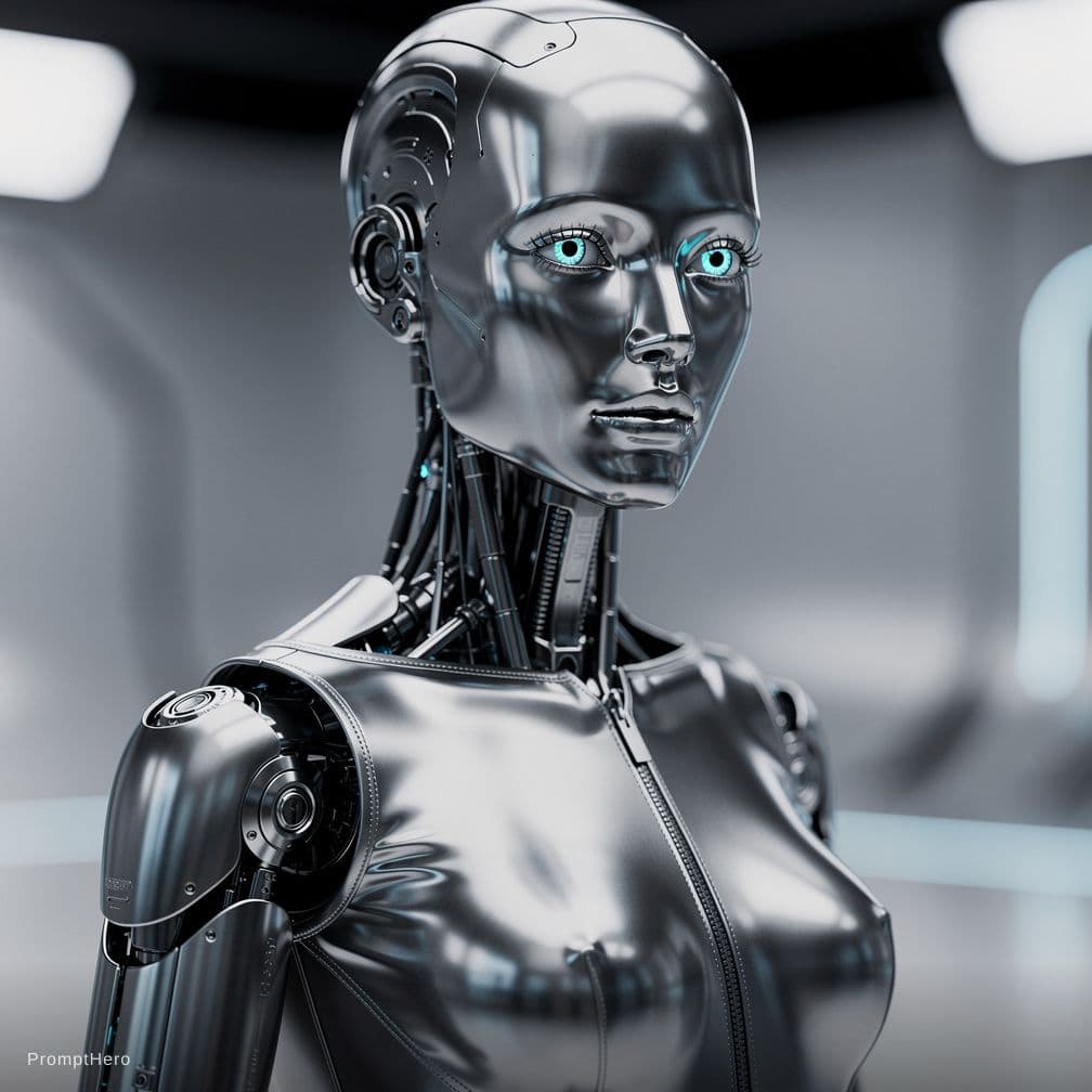 AI generated: crome plated female robot stripper in latex closeup