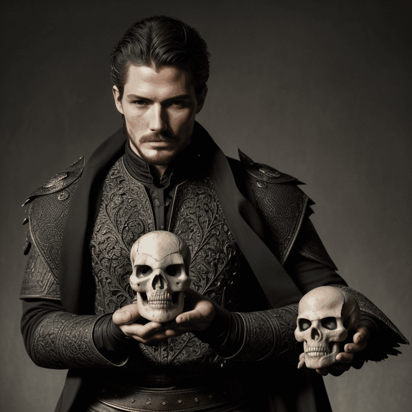 AI generated: To be or not to be, Hamlet holding an anatomically correct human skull of Yorick in the palm of his ...