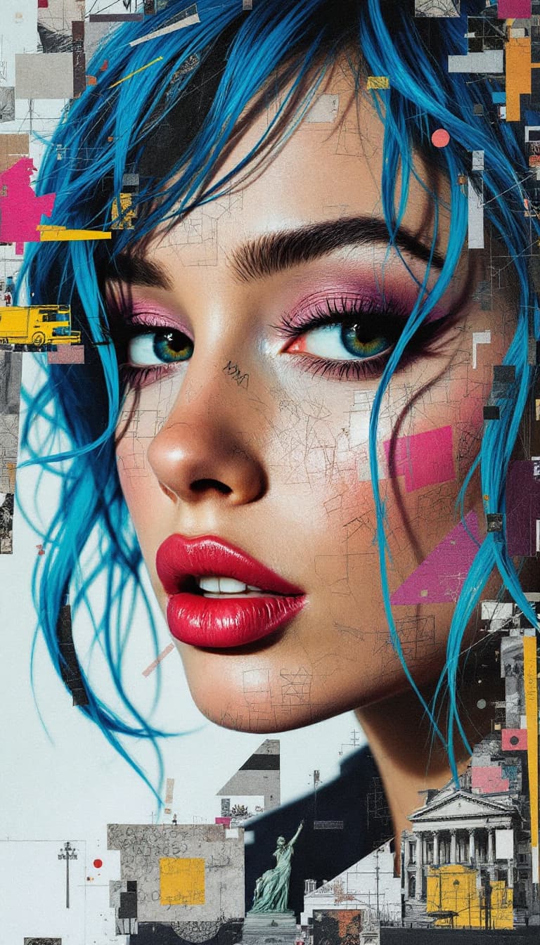 AI generated: woman with blue hair, in the style of multi-layered collages, edgy street art, celebrity-portraits, ...