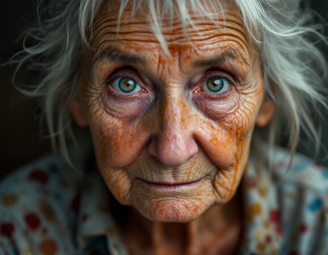 AI generated: medium close up of a rusian old lady with her face full of grease, oily, psicotic glance, shirt with...
