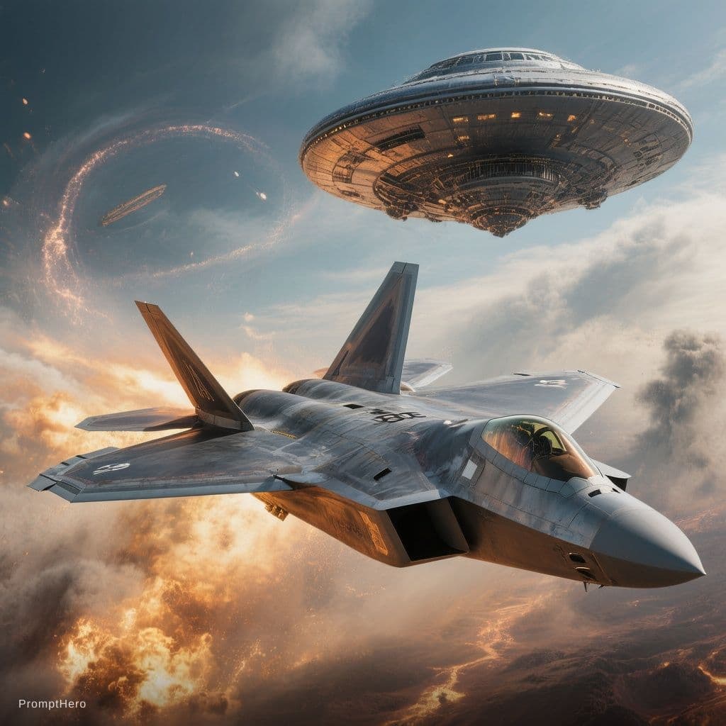 AI generated: F-22 jet fighter, dog fight with UFO.