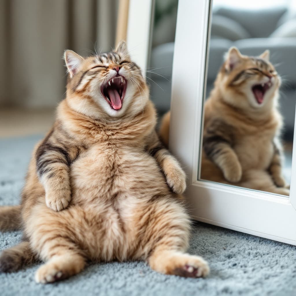 AI generated: A chubby short-haired cat sitting on a soft blue carpet, leaning against a white mirror. The cat has...