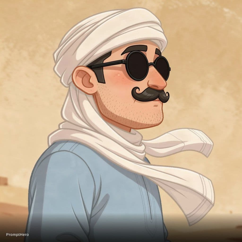 AI generated: 
A stylized cartoon portrait of an Upper Egyptian (Sa’idi) man in a three-quarter view, with the rig...