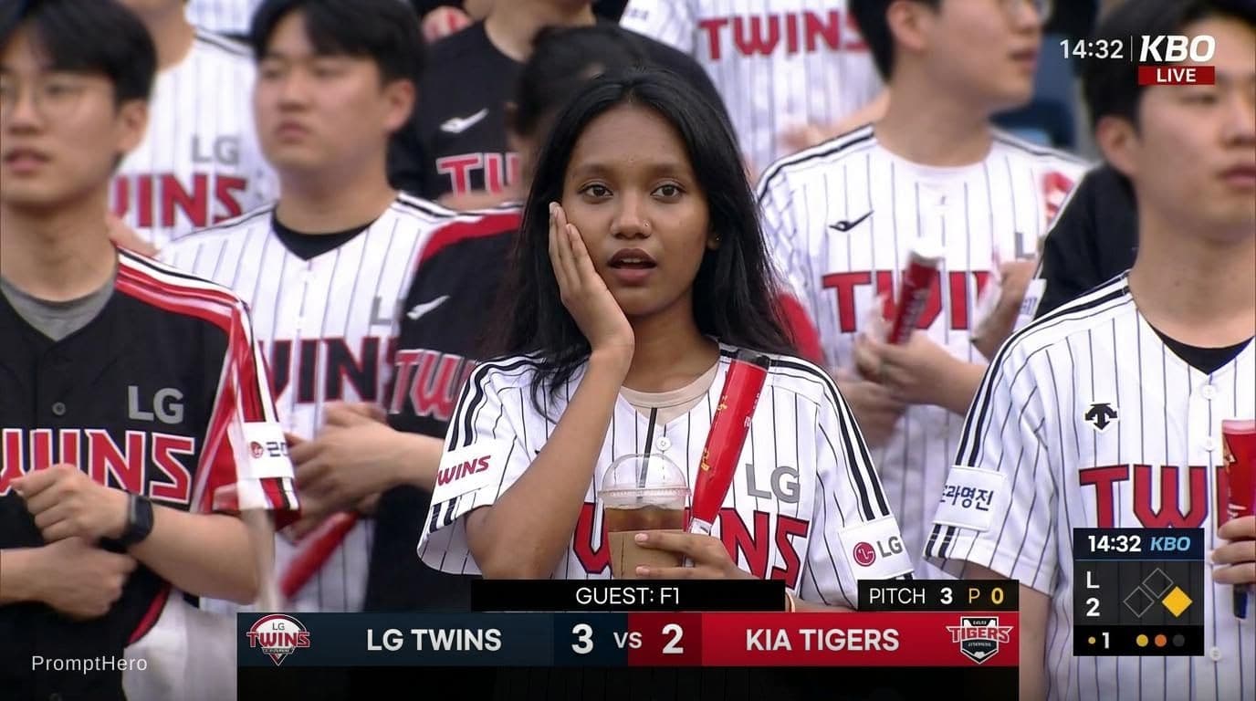 AI generated: Create an ultra-realistic candid KBO baseball broadcast screenshot of the same woman accidentally ca...