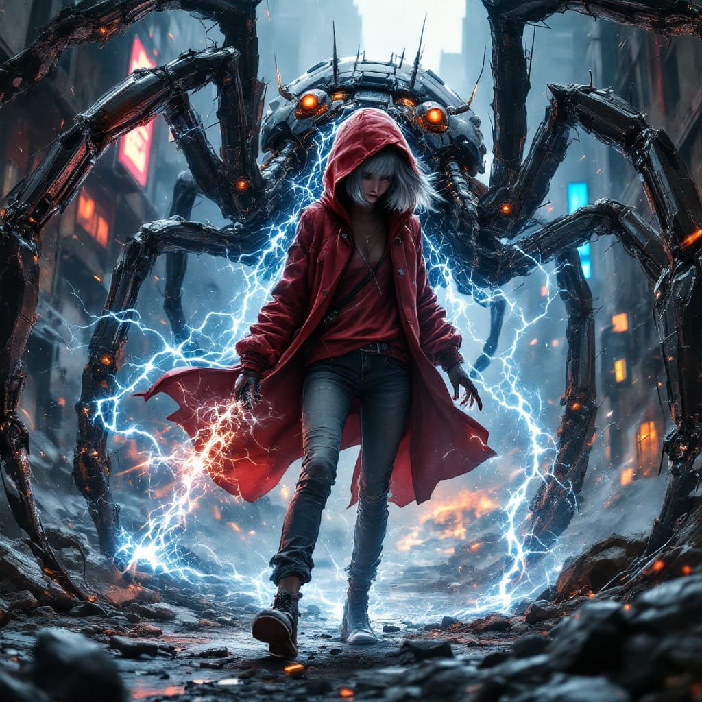 AI generated: full body view of a Girl Shining silver short hair peeking from under a stylish hooded red jacket, s...