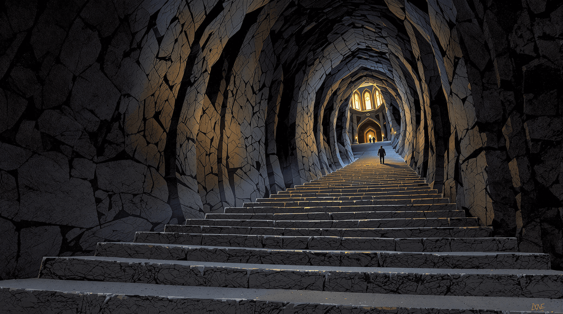 AI generated: A view of immense stone stairs descending into a distant view of a torchlit underground monastery. I...