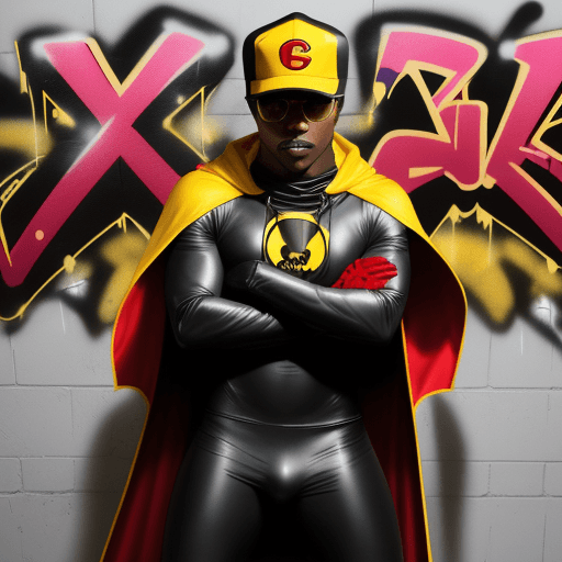 AI generated: a black man wear a cape, cowl, gloves, briefs, and boots are usually black in a red body suit costum...