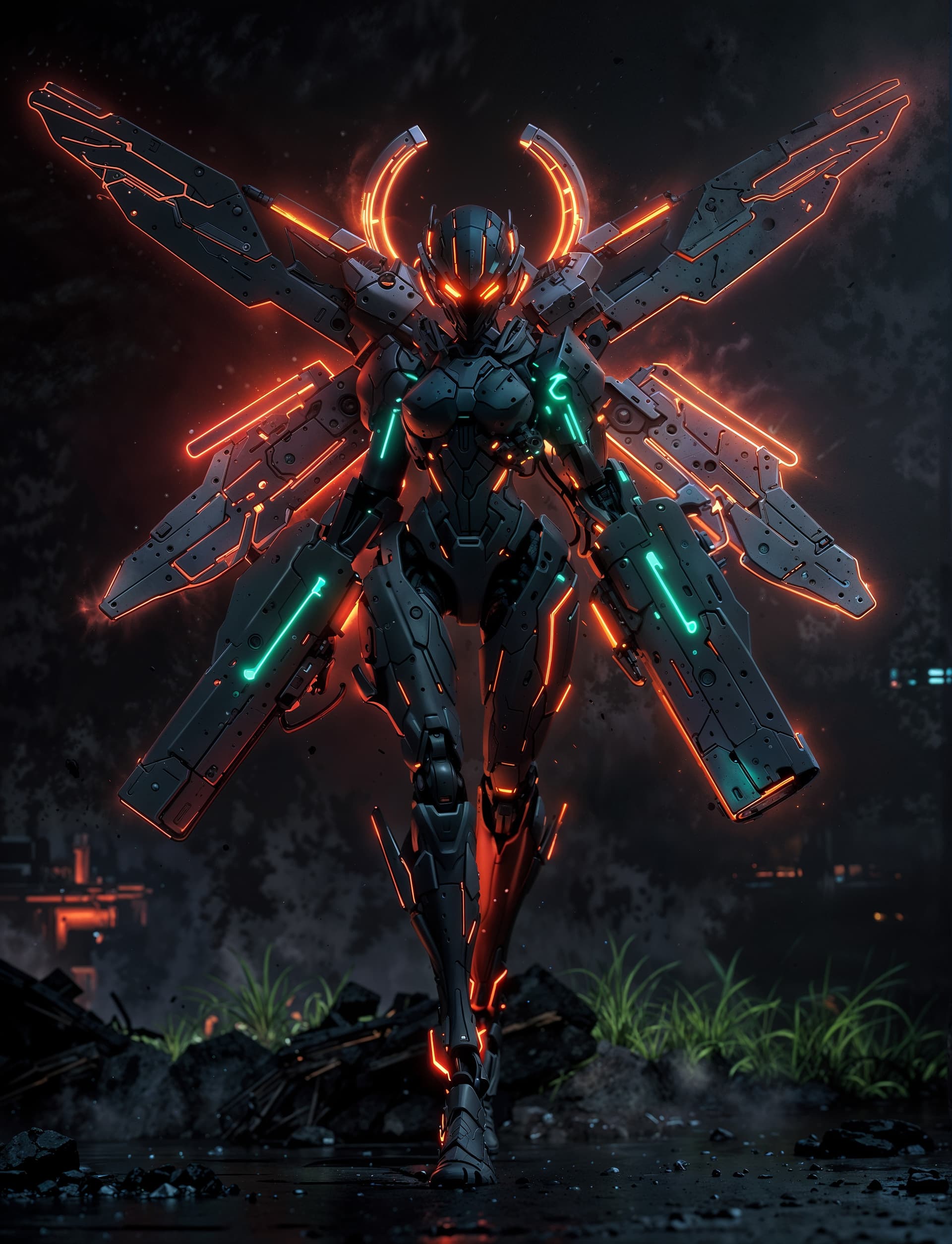 AI generated: 3d rendering, robot, front view, upper-body, (full body)), neon glow with deep orange and green, gaz...
