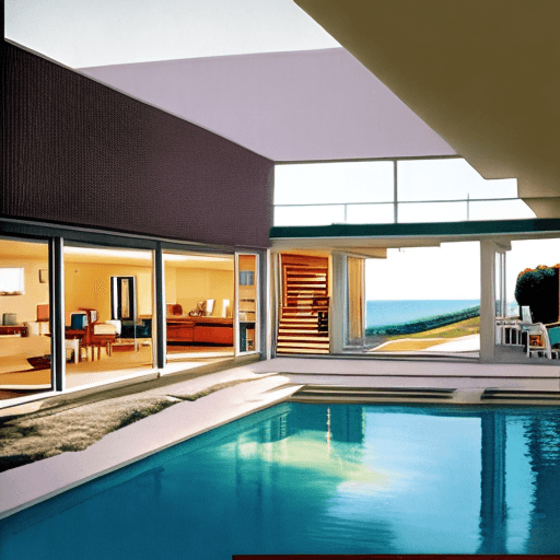 AI generated: Hyper realistic eye level exterior photo of a mid century modern style house overlooking the ocean, ...