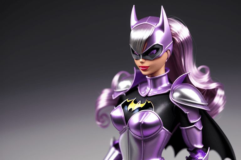 AI generated: barbie in a chrome  metal,purple Armour batman costume